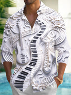 Oceanlyte Men's Long Sleeve Shirt - 3D Musical Instruments And Floral Carvings Print with Chest Pocket