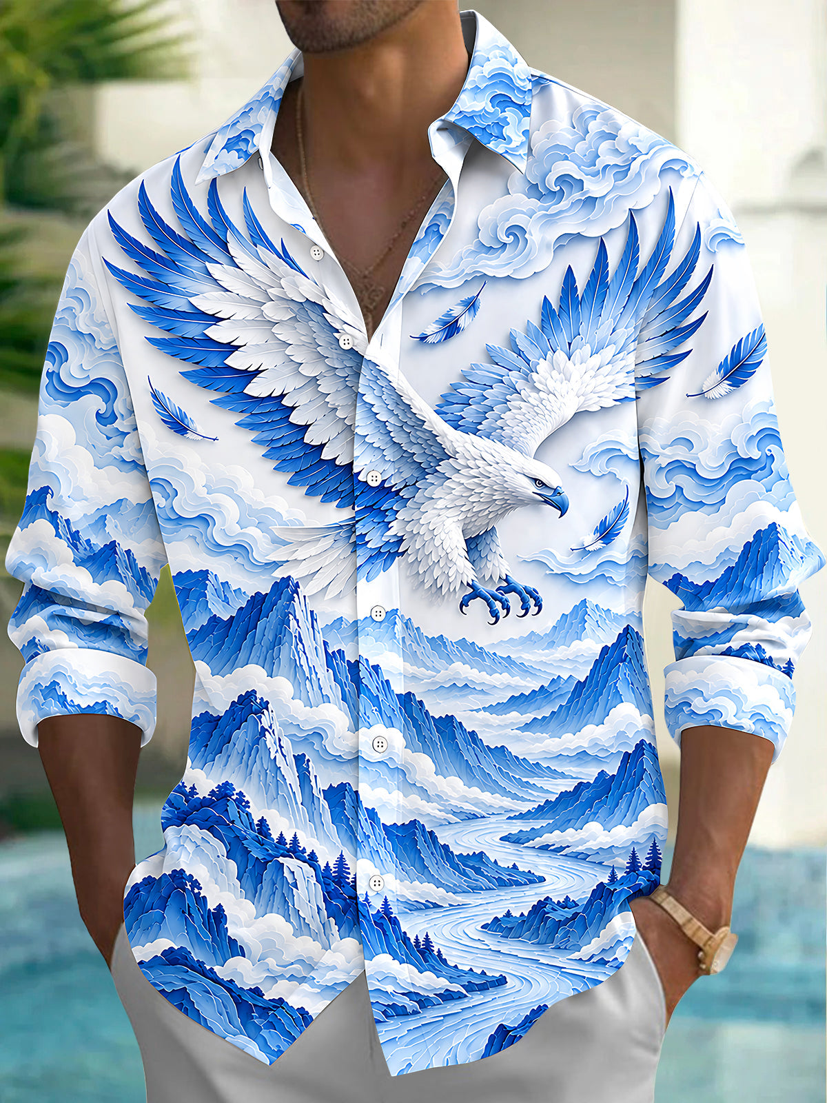 Oceanlyte Men's Graphic Eagle With Wings And Mountains Print Long Sleeve Shirt with Chest Pocket