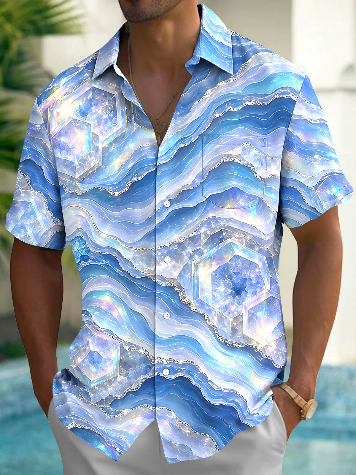 Oceanlyte Men's Short Sleeve Shirt - Abstract Geometric Hexagons And Wavy Lines Print with Chest Pocket