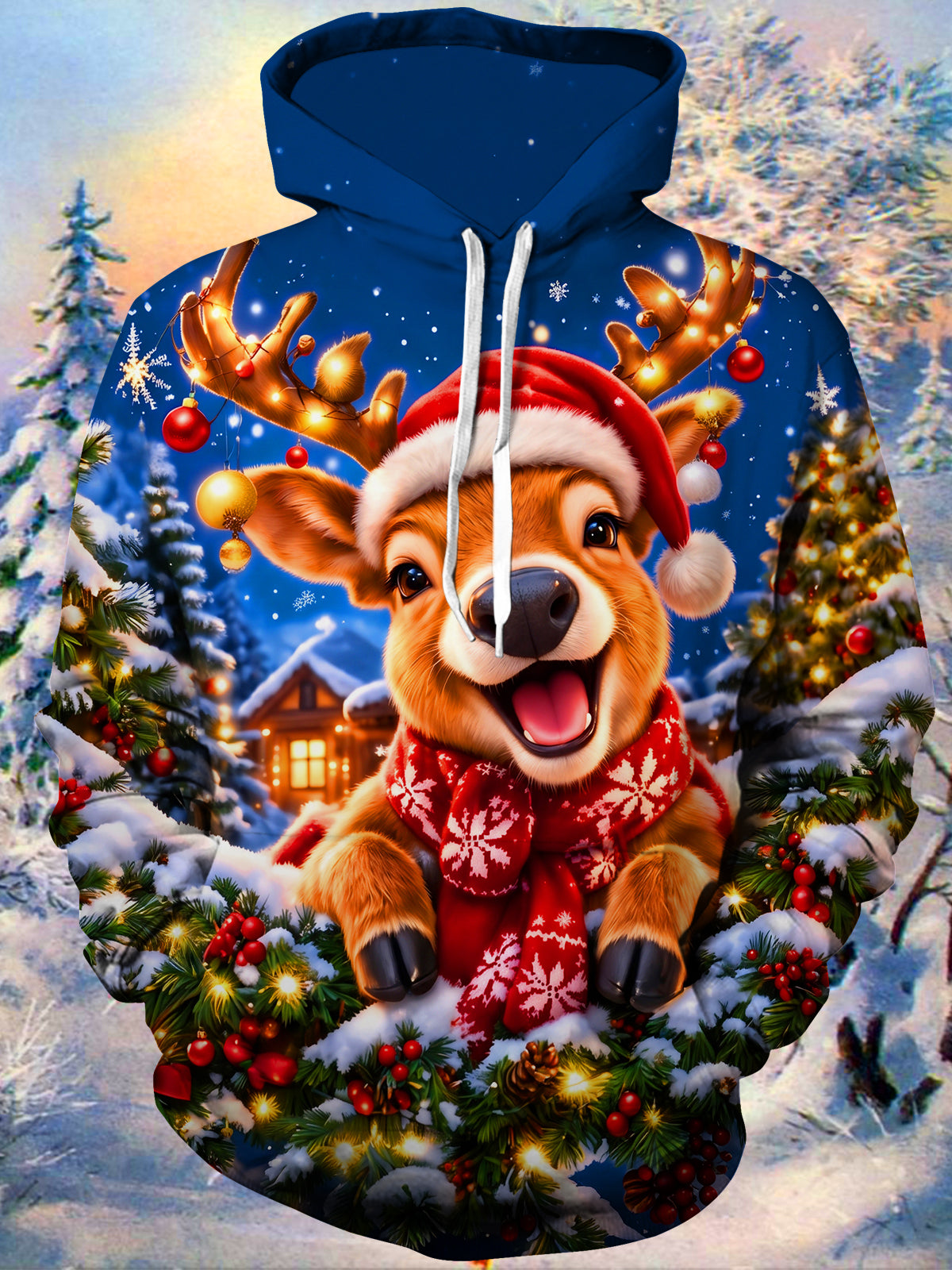 Oceanlyte Men's Long Sleeve Hoodie - Reindeer With Santa Hat And Christmas Ornaments Print
