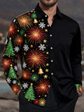 Oceanlyte Men's Christmas Fireworks And Christmas Trees Print Long Sleeve Shirt with Chest Pocket