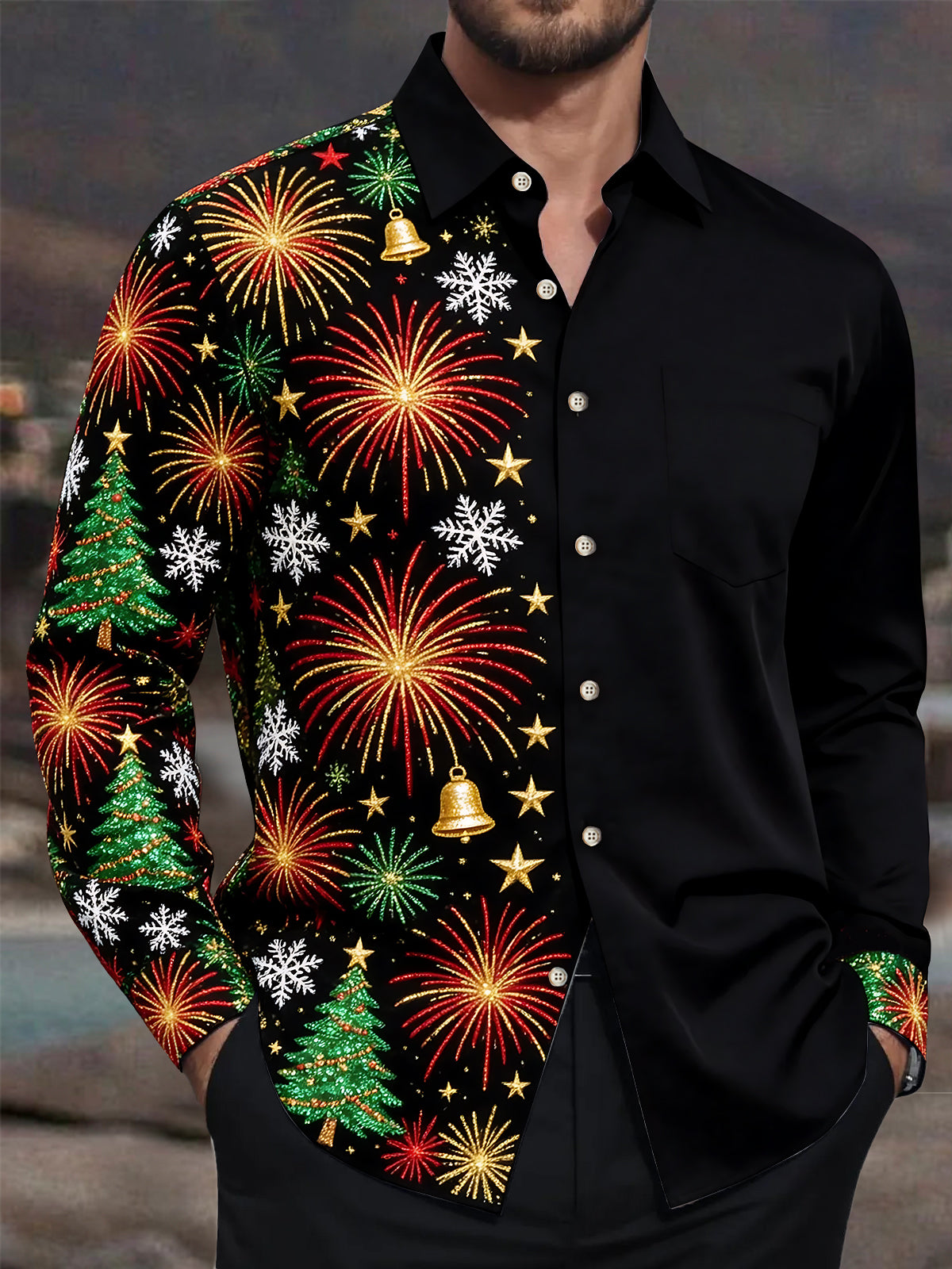 Oceanlyte Men's Christmas Fireworks And Christmas Trees Print Long Sleeve Shirt with Chest Pocket