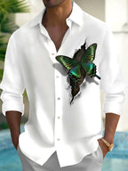 Oceanlyte Men's 3D Tearing Effect With Green Butterfly Print Long Sleeve Shirt with Chest Pocket
