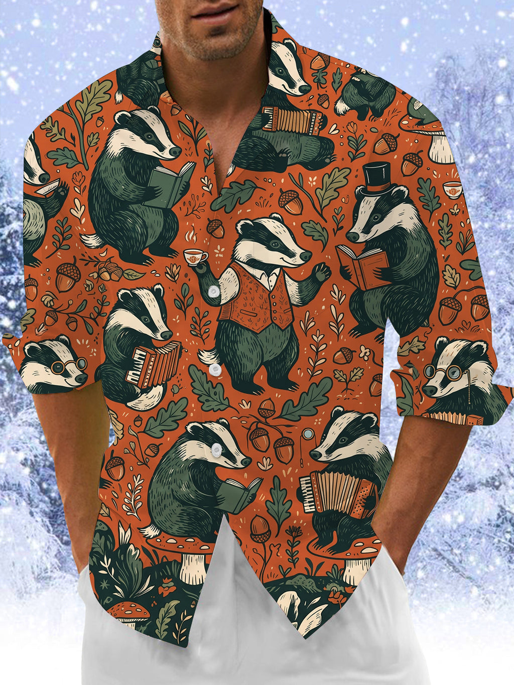Oceanlyte Men's Long Sleeve Shirt - Vintage Gentleman Badgers With Forest Elements Print with Chest Pocket