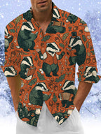 Oceanlyte Men's Long Sleeve Shirt - Vintage Gentleman Badgers With Forest Elements Print with Chest Pocket