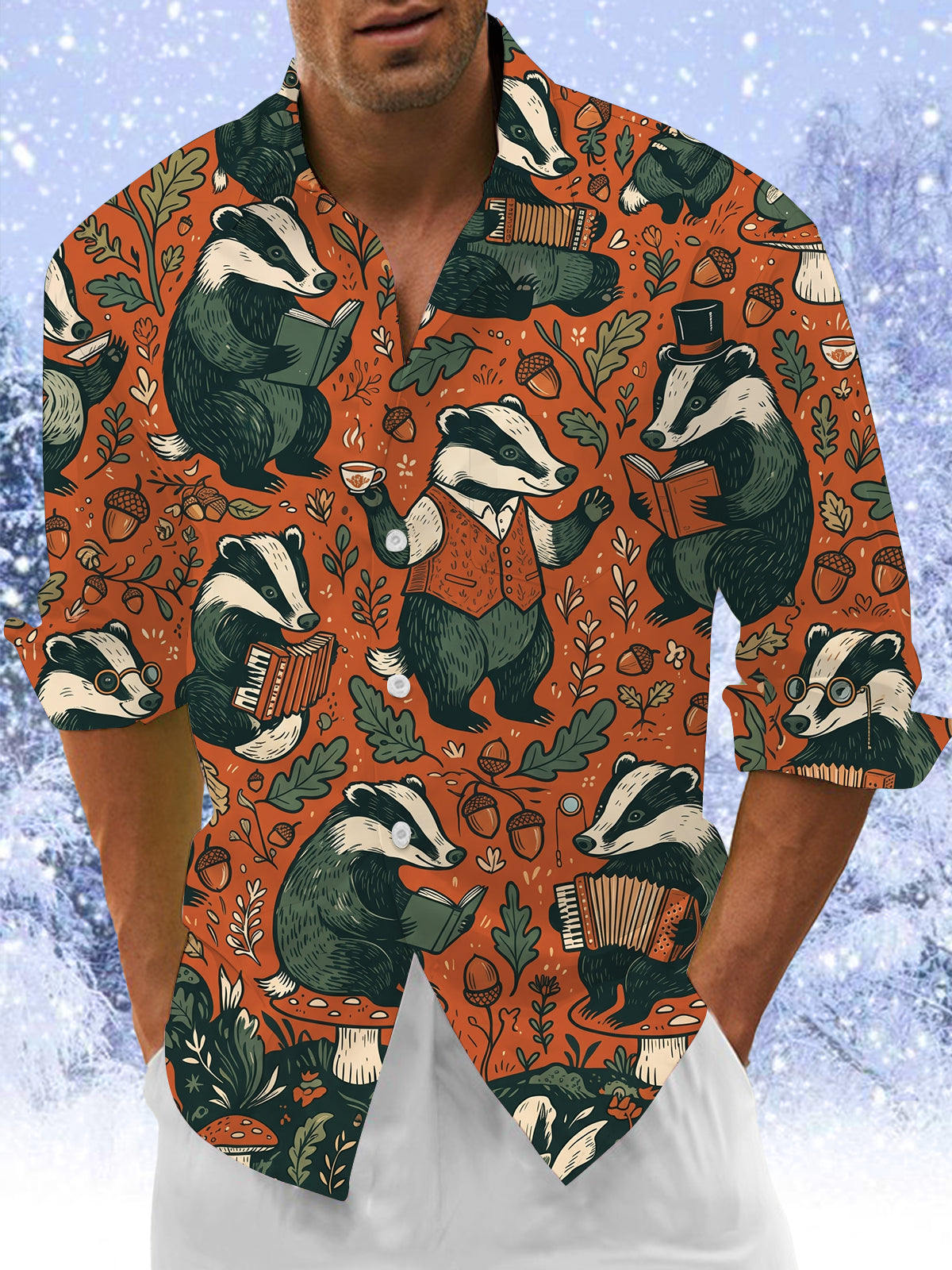 Oceanlyte Men's Long Sleeve Shirt - Vintage Gentleman Badgers With Forest Elements Print with Chest Pocket