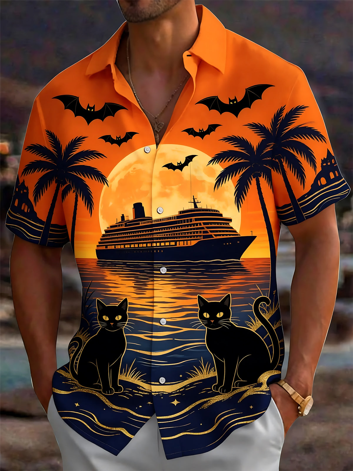 Oceanlyte Men's Short Sleeve Shirt - Halloween Black Cats And Bats With Cruise Ship Print with Chest Pocket