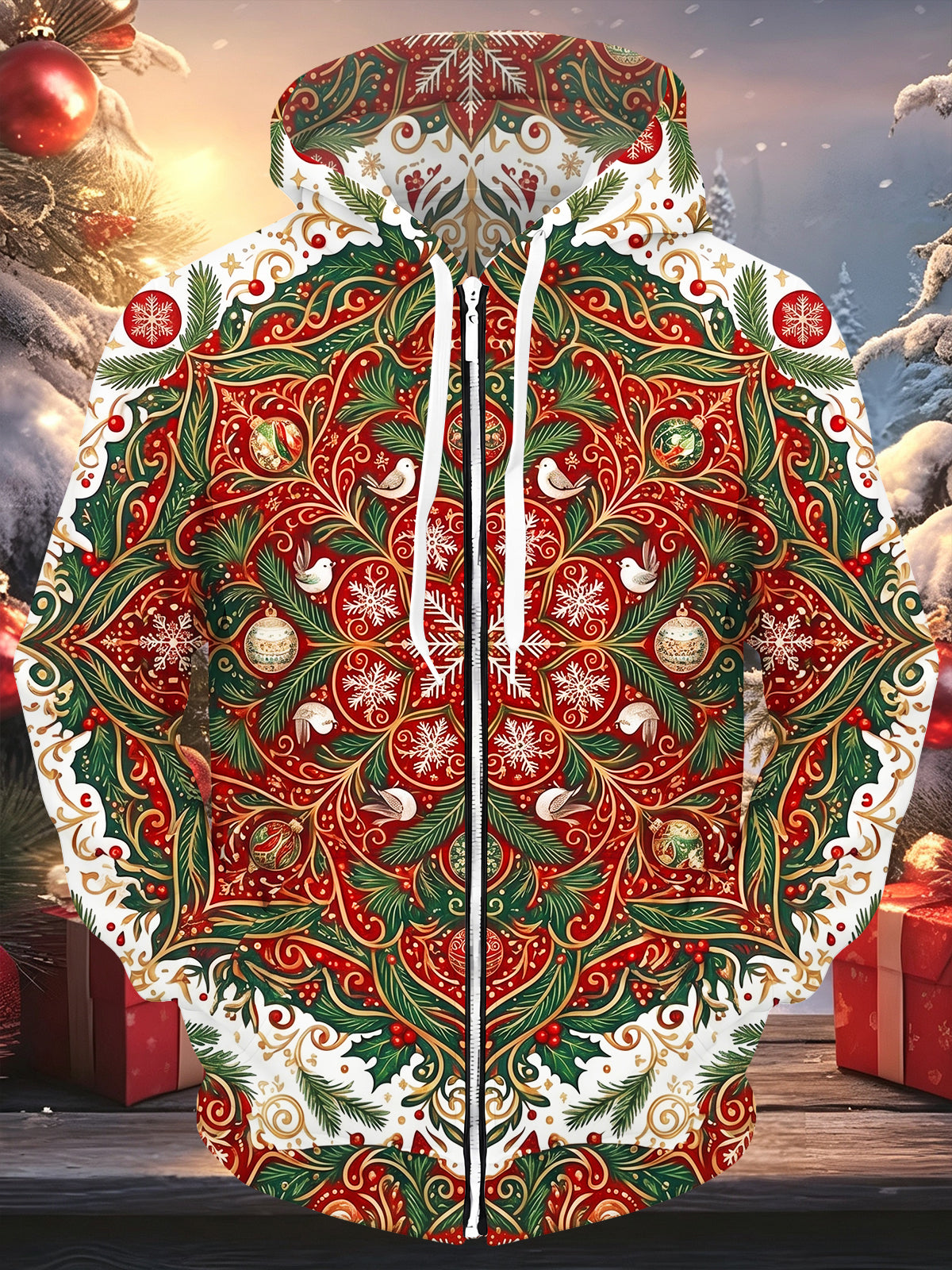 Oceanlyte Men's Long Sleeve Zip-Up Hoodie - Christmas Dove And Snowflake Pattern With Ornaments