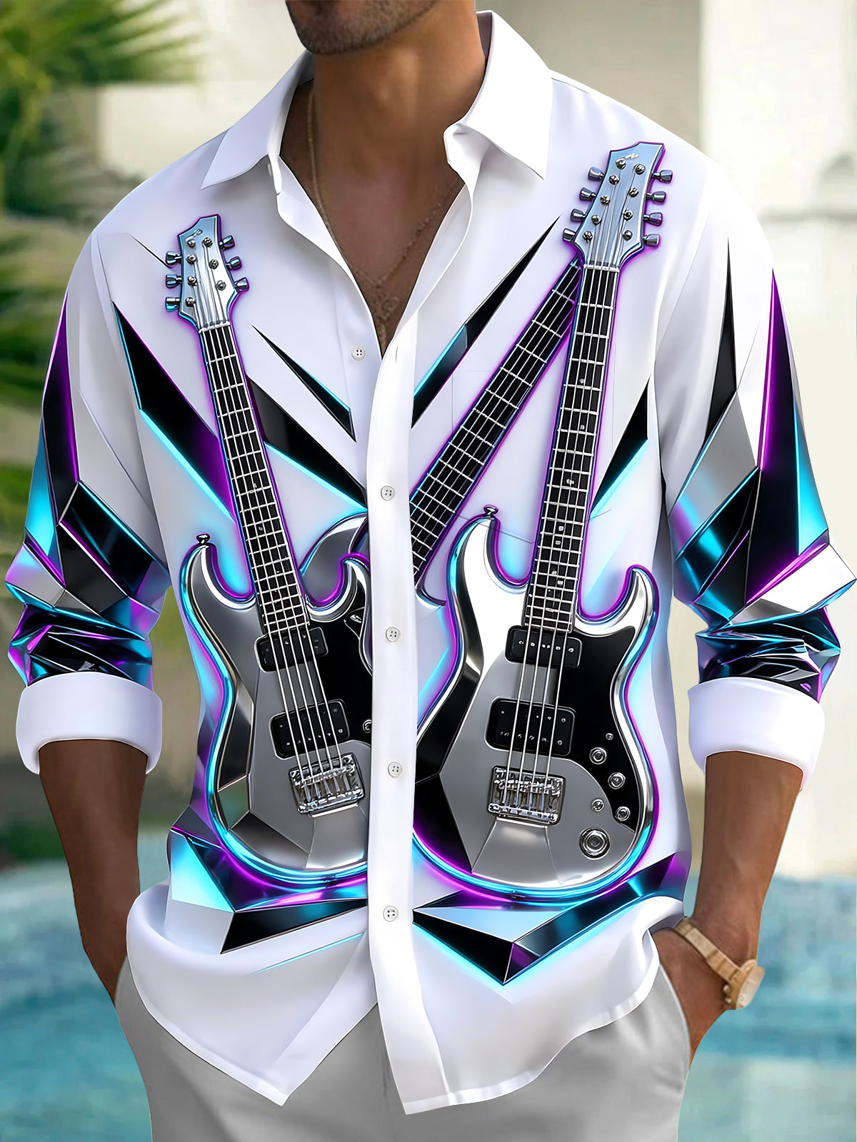 Oceanlyte Men's Long Sleeve Shirt - Electric Guitars With Neon Geometric Background Print with Chest Pocket
