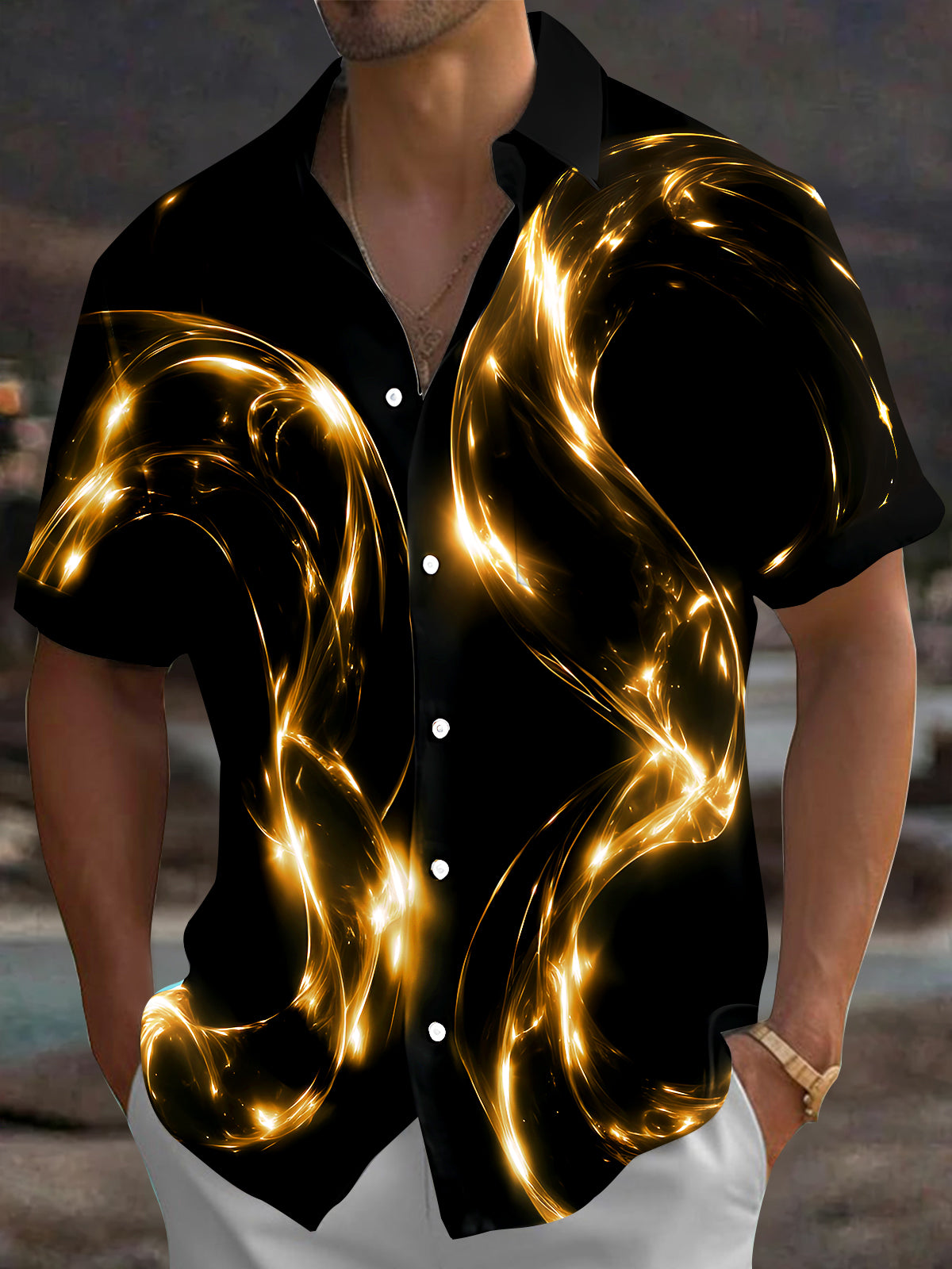Oceanlyte Men's Patterned Abstract Golden Swirls Print Short Sleeve Shirt with Chest Pocket