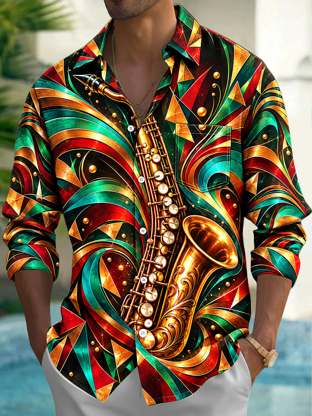 Oceanlyte Men's Long Sleeve Shirt - Saxophone And Abstract Geometric Patterns Print with Chest Pocket
