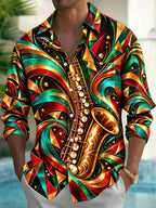 Oceanlyte Men's Long Sleeve Shirt - Saxophone And Abstract Geometric Patterns Print with Chest Pocket