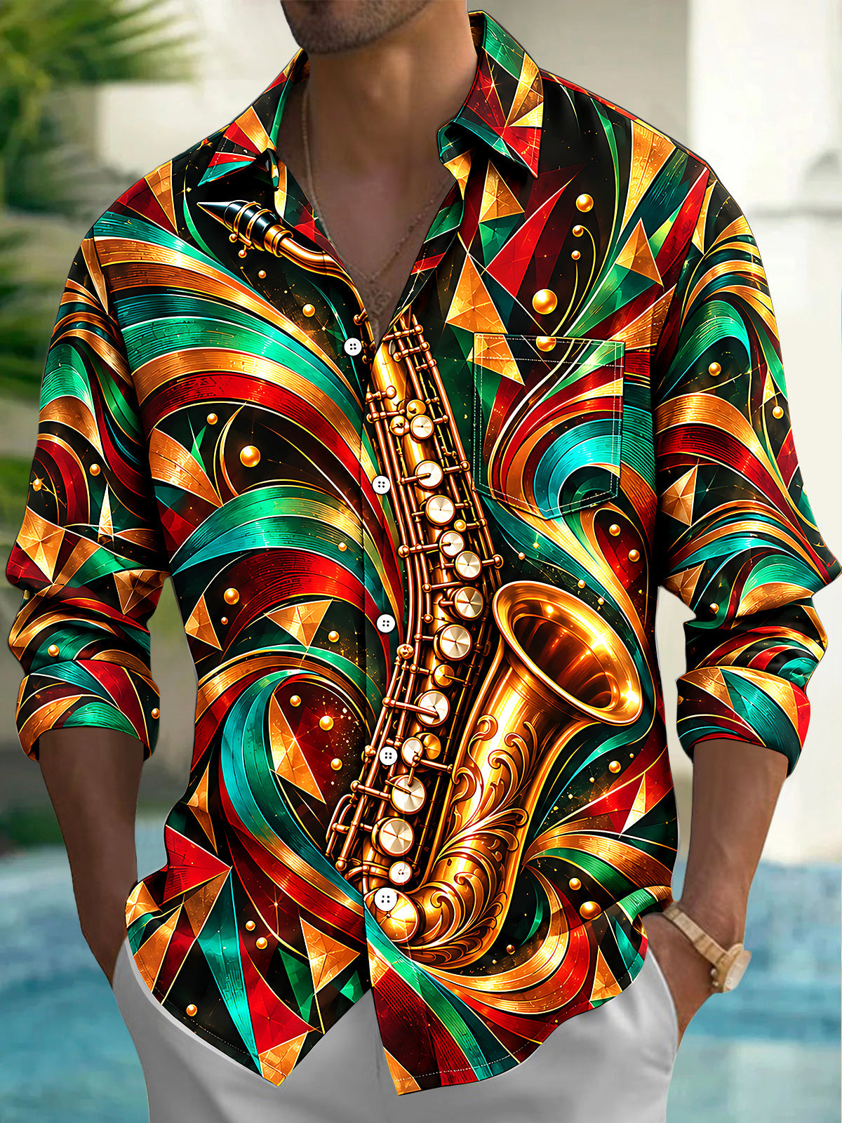 Oceanlyte Men's Long Sleeve Shirt - Saxophone And Abstract Geometric Patterns Print with Chest Pocket
