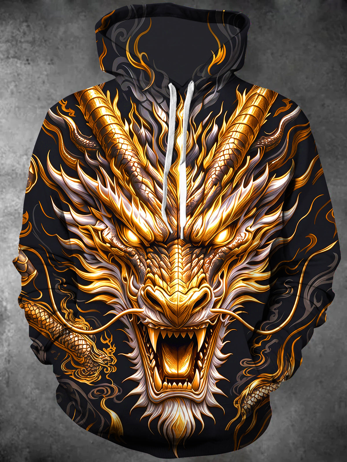 Oceanlyte Men's Graphic Golden Oriental Dragon Face Print Long Sleeve Hoodie