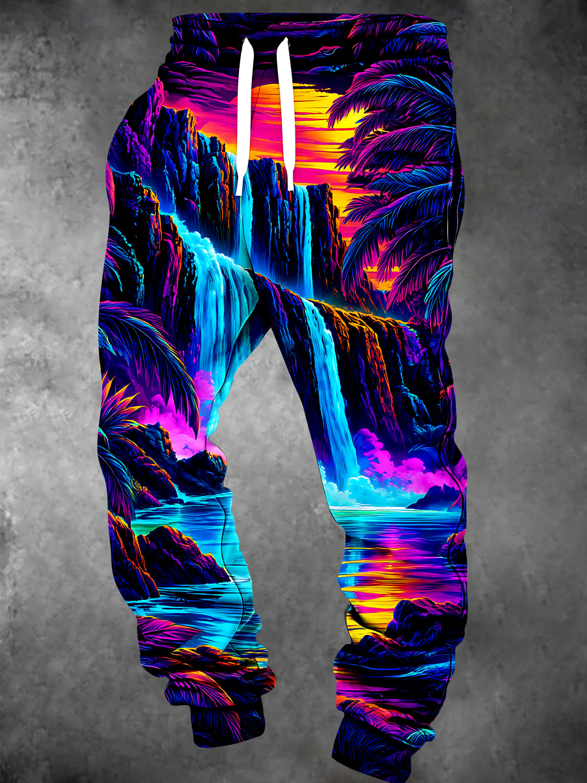 Oceanlyte Men's Tropical Neon Waterfall And Palm Trees Print Pants