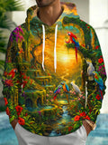 Oceanlyte Men's Graphic Parrots And Ancient Ruins Print Long Sleeve Hoodie