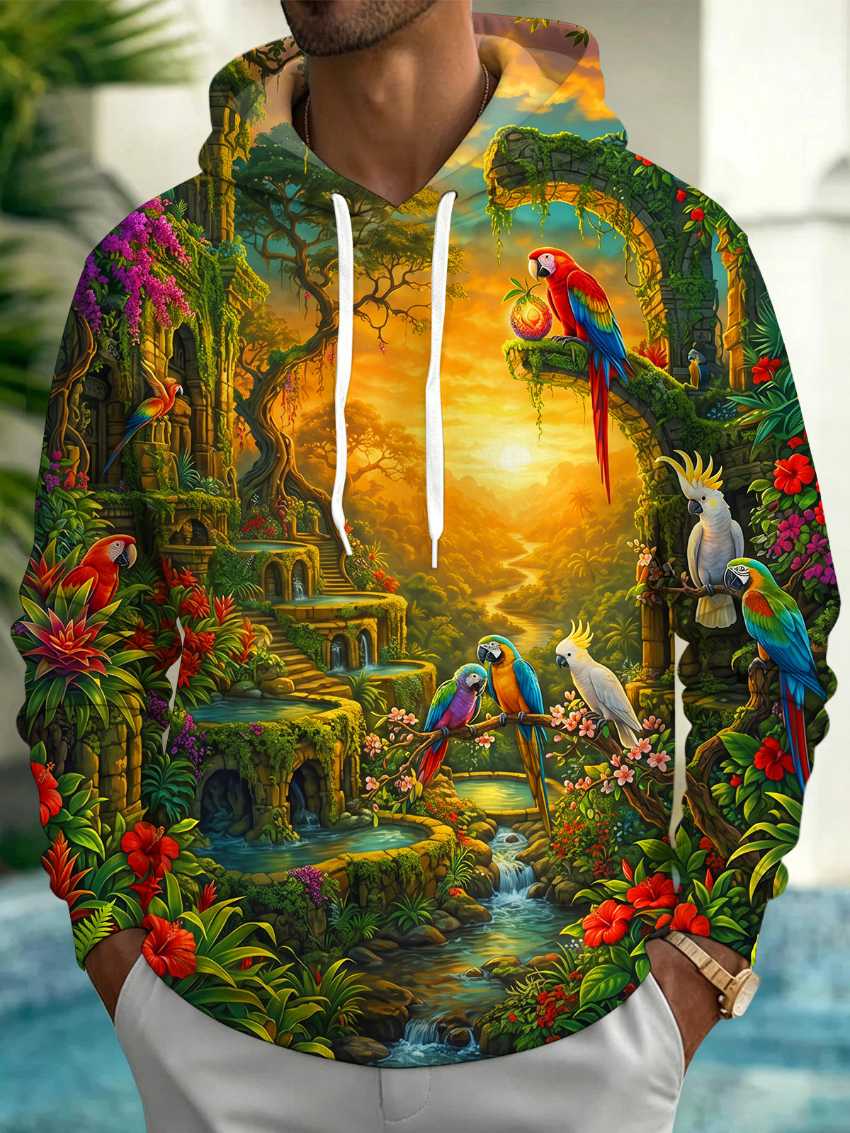 Oceanlyte Men's Graphic Parrots And Ancient Ruins Print Long Sleeve Hoodie