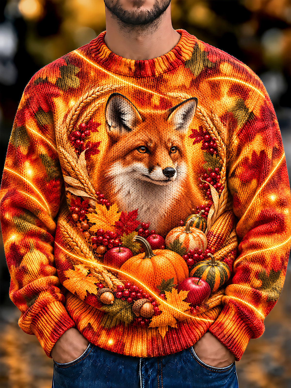 Oceanlyte Men's Long Sleeve Crew Neck Sweater - Thanksgiving Day Autumn Fox With Pumpkins And Berries Print