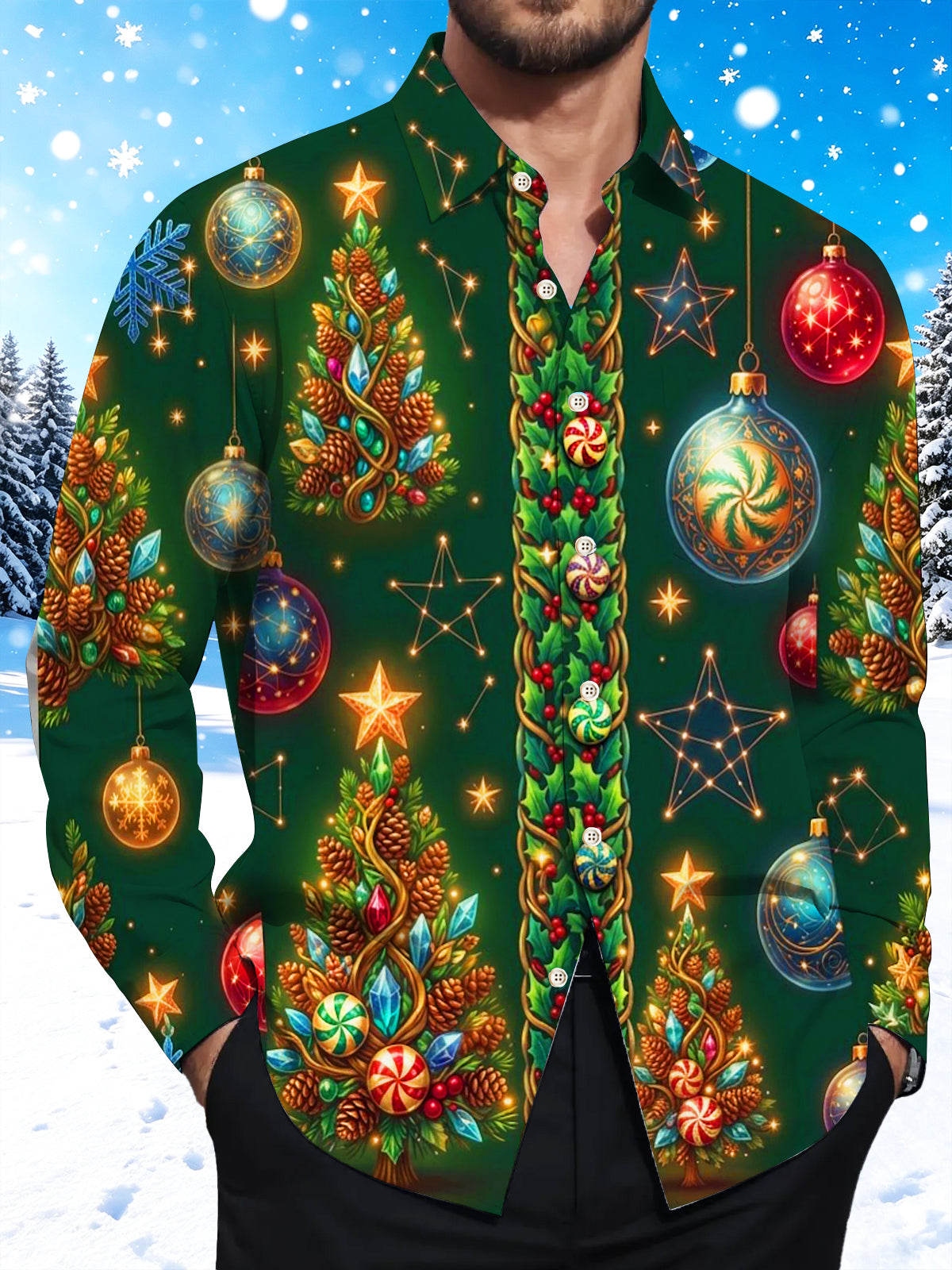 Oceanlyte Men's Graphic Christmas Trees And Ornaments Print Long Sleeve Shirt with Chest Pocket