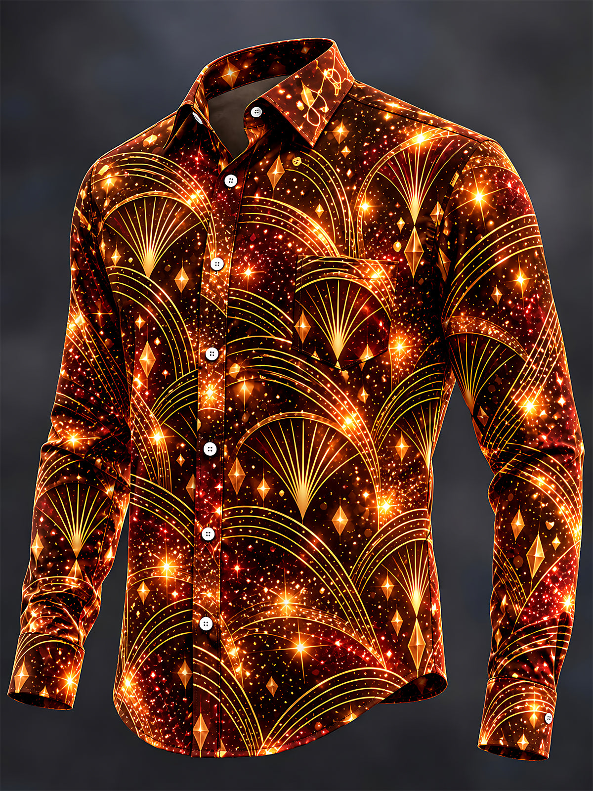 Oceanlyte Men's Long Sleeve Shirt - Art Deco Geometric Fan Patterns And Sparkles Print with Chest Pocket