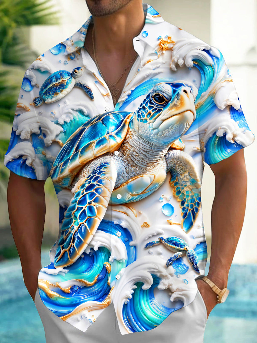Oceanlyte Men's Hawaiian Sea Turtle And Ocean Waves Print Short Sleeve Shirt with Chest Pocket