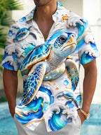 Oceanlyte Men's Hawaiian Sea Turtle And Ocean Waves Print Short Sleeve Shirt with Chest Pocket