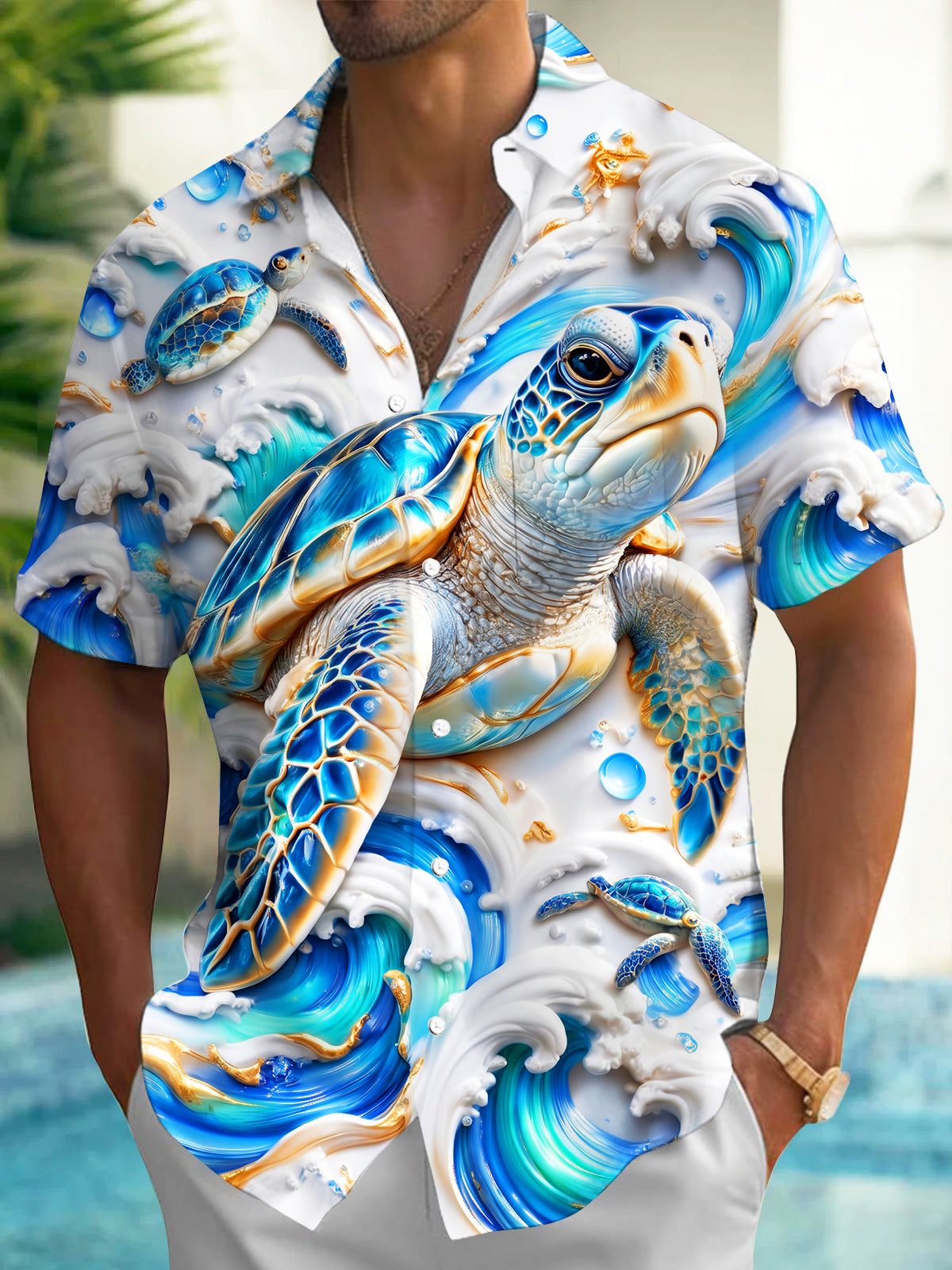 Oceanlyte Men's Hawaiian Sea Turtle And Ocean Waves Print Short Sleeve Shirt with Chest Pocket