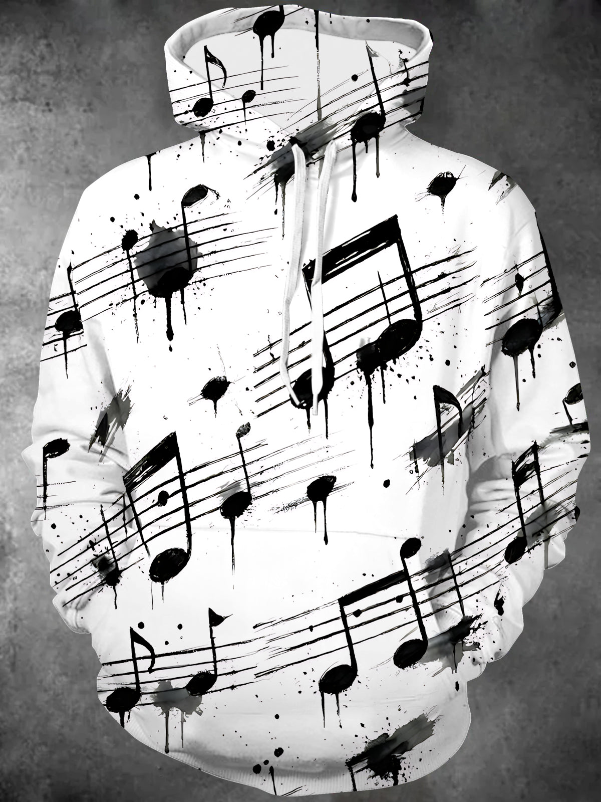 Oceanlyte Men's Long Sleeve Hoodie - Musical Notes And Staves With Ink Splatters Print