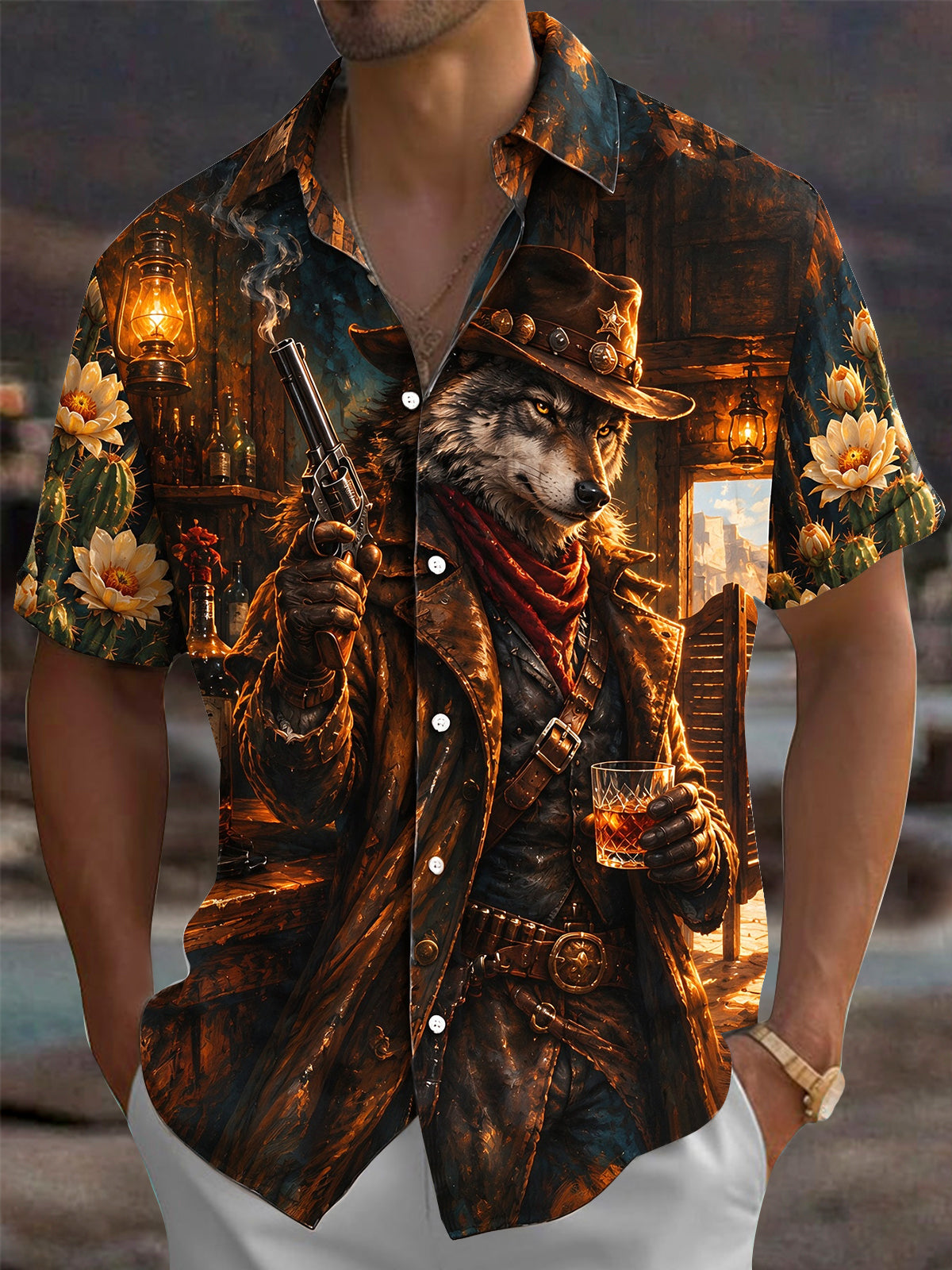 Oceanlyte Men's Short Sleeve Shirt - Western Wolf Cowboy With Revolver And Whiskey Print with Chest Pocket