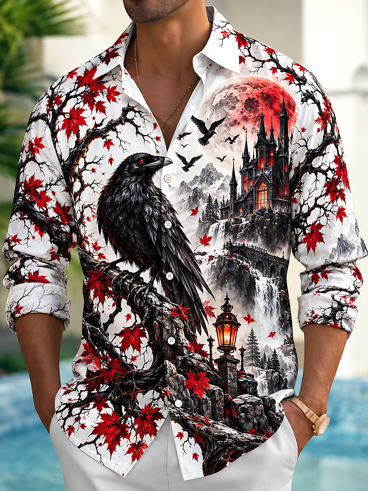 Oceanlyte Men's Graphic Halloween Crow Print Long Sleeve Shirt with Chest Pocket