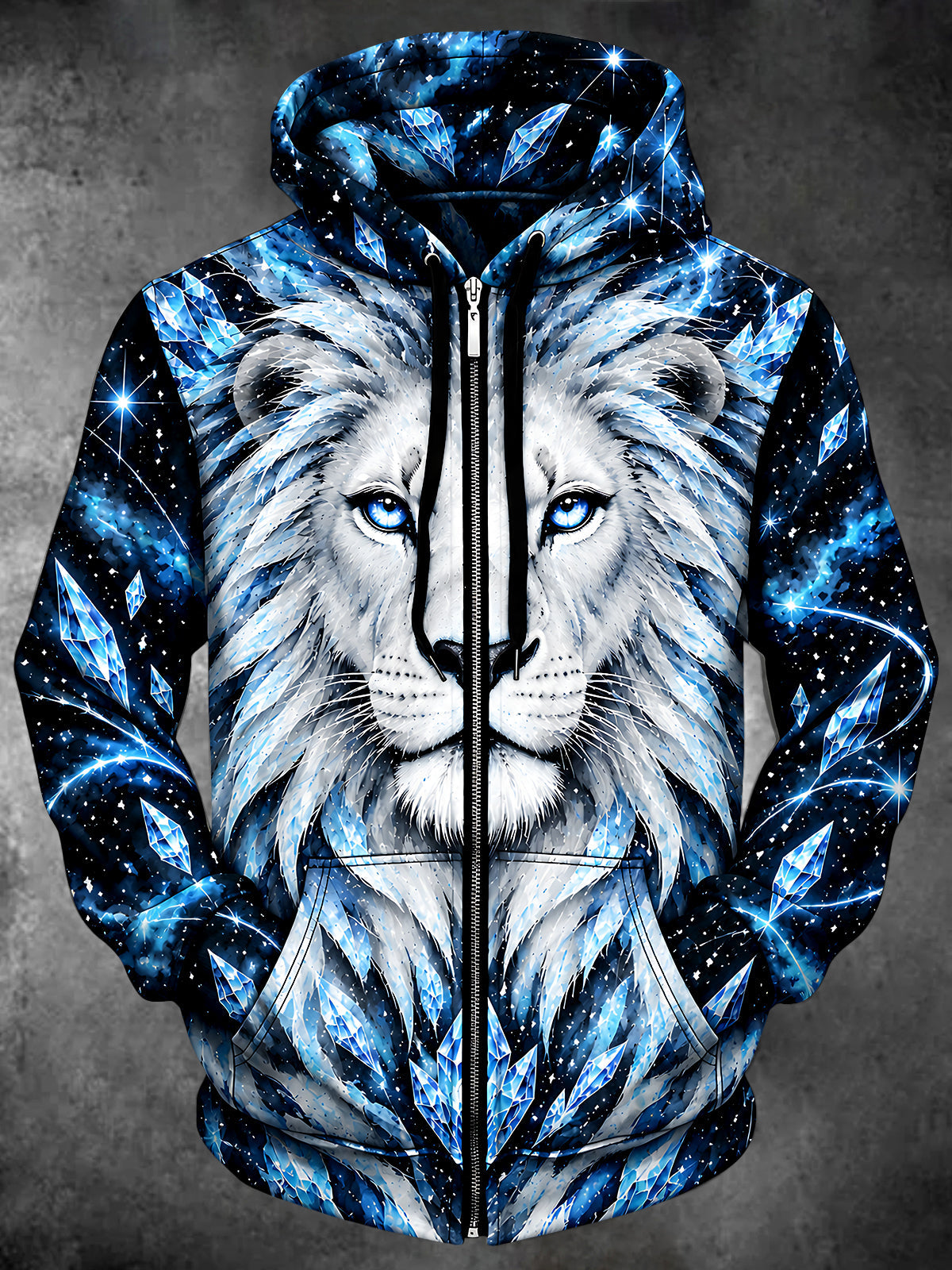 Oceanlyte Men's Long Sleeve Zip-Up Hoodie - Lion Face With Crystal Geometric Patterns Print with Kangaroo Pocket
