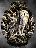 Oceanlyte Men's Howling Wolf And Full Moon Print Long Sleeve Zip-Up Hoodie