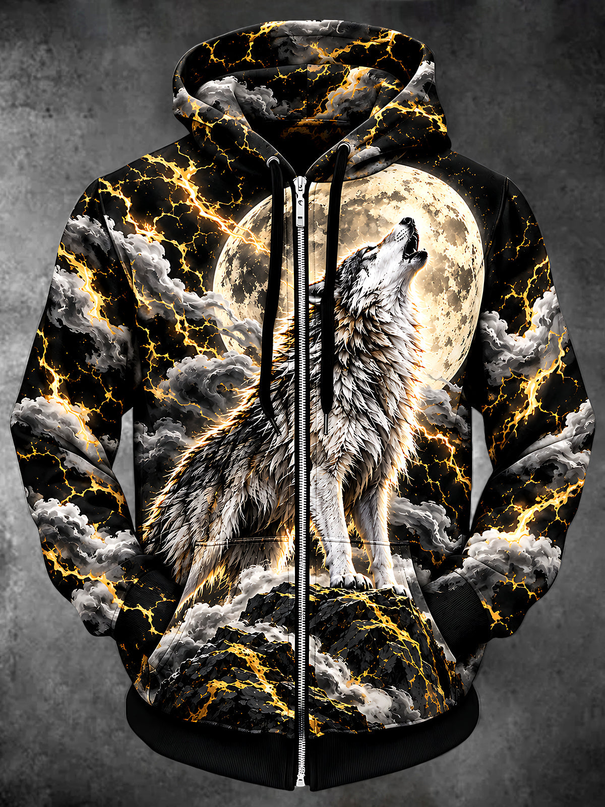 Oceanlyte Men's Howling Wolf And Full Moon Print Long Sleeve Zip-Up Hoodie