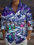 Oceanlyte Men's Long Sleeve Shirt - Snowy Mountain Village With Aurora Borealis Print with Chest Pocket