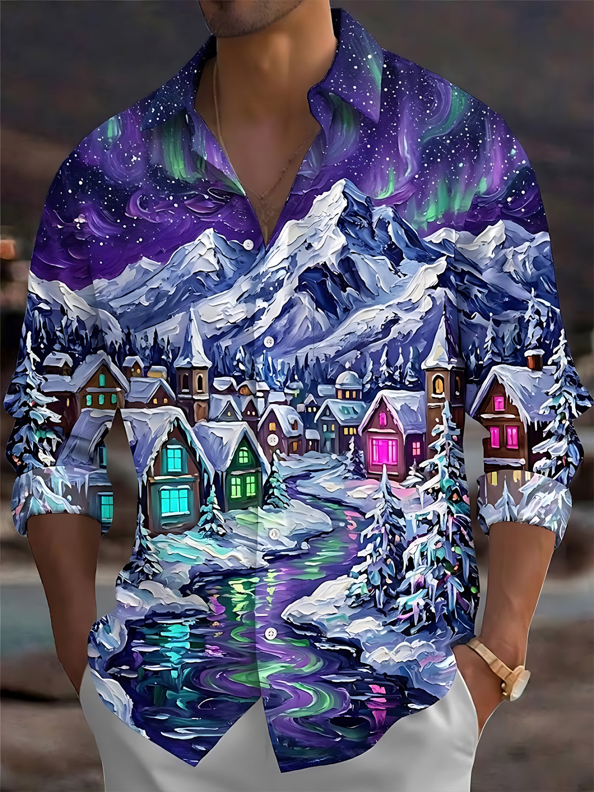 Oceanlyte Men's Long Sleeve Shirt - Snowy Mountain Village With Aurora Borealis Print with Chest Pocket