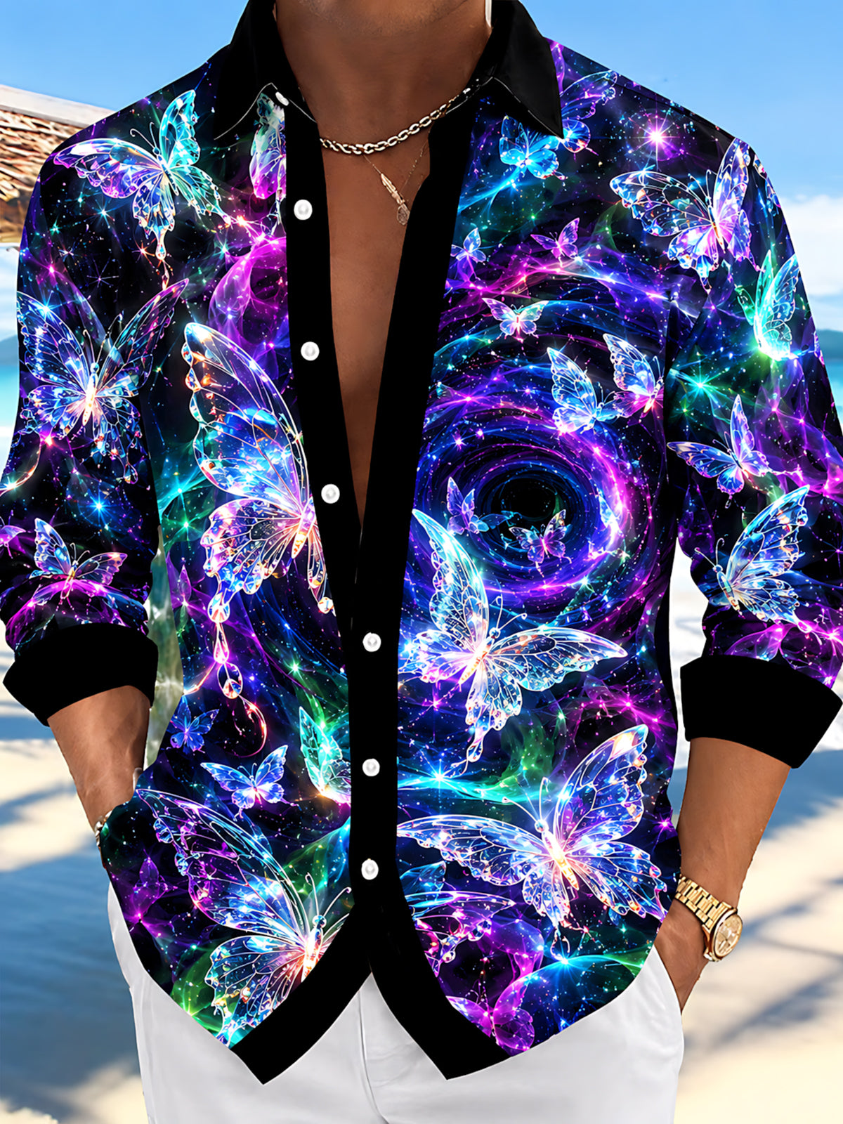 Oceanlyte Men's Printed Neon Butterfly And Galaxy Swirl Print Long Sleeve Shirt with Chest Pocket