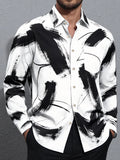 Oceanlyte Men's Printed Abstract Black Brushstrokes Print Long Sleeve Shirt with Chest Pocket