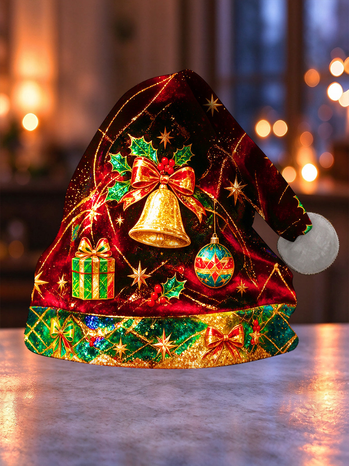 Oceanlyte Men's Printed Christmas Golden Bell With Holly And Bow Print Hat