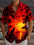 Oceanlyte Men's Short Sleeve Shirt - Halloween Black Cat And Bats Over Sunset Palm Trees Print with Chest Pocket