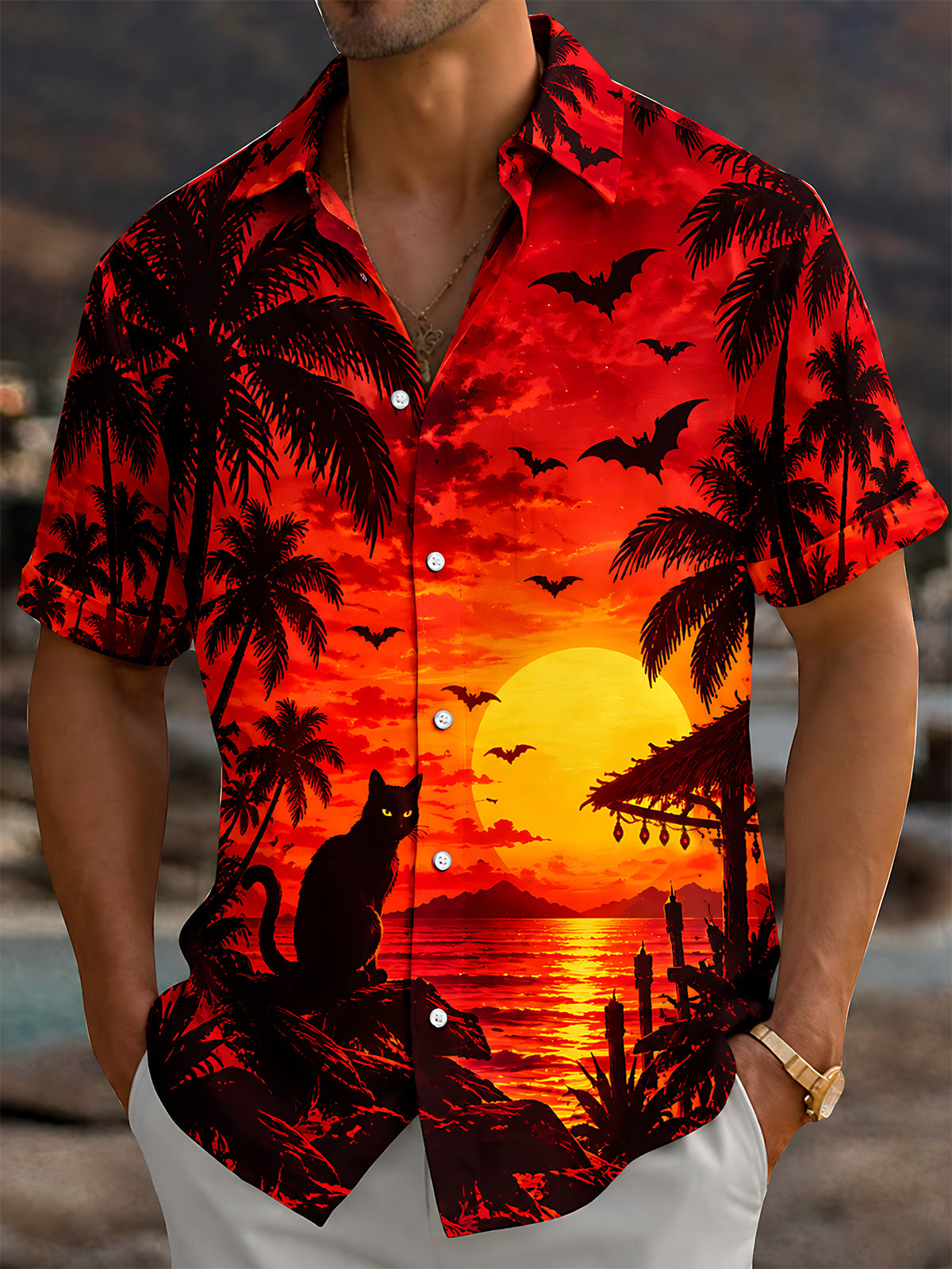 Oceanlyte Men's Short Sleeve Shirt - Halloween Black Cat And Bats Over Sunset Palm Trees Print with Chest Pocket