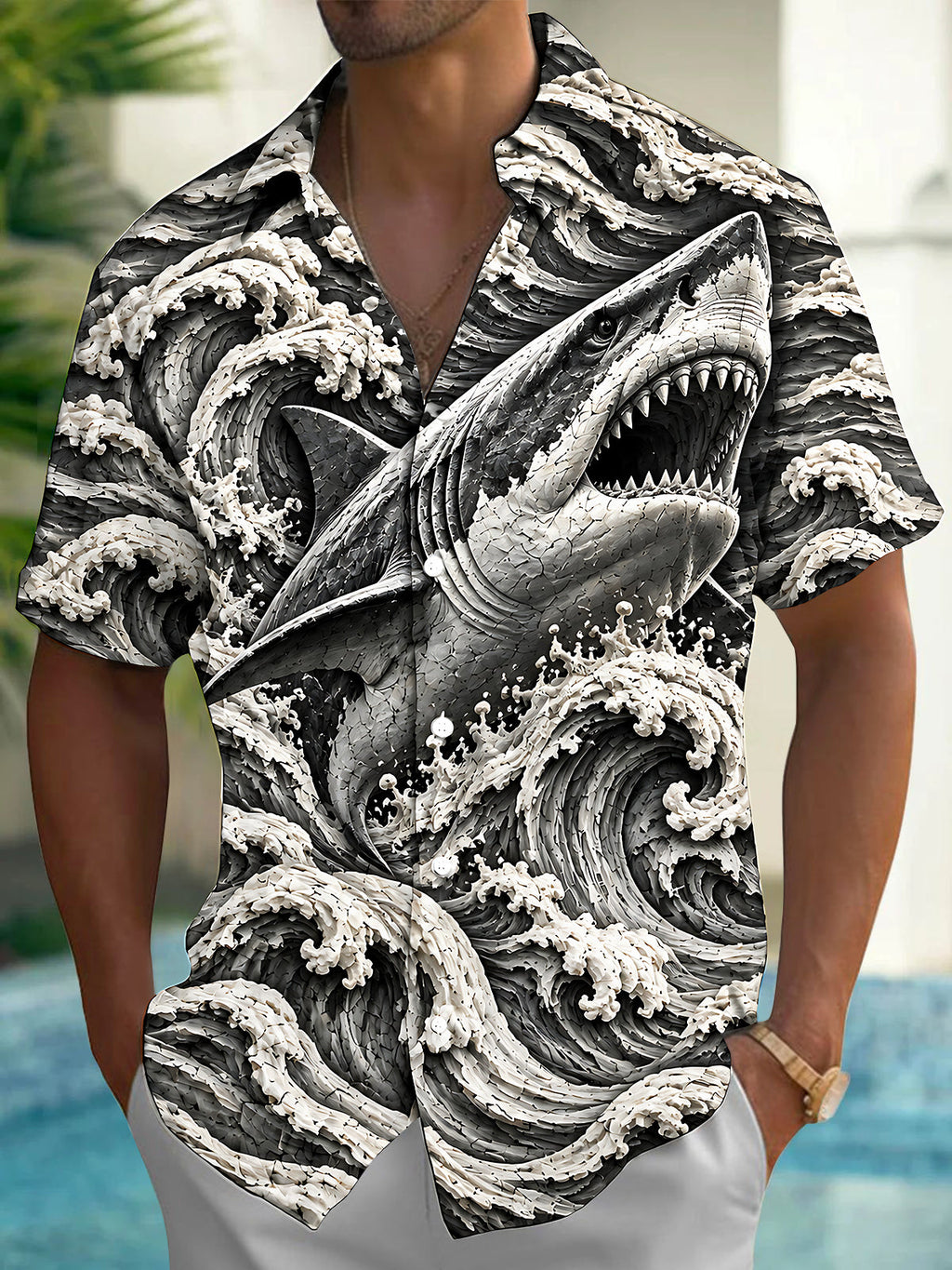 Oceanlyte Men's Hawaiian Shark And Ocean Waves Print Short Sleeve Shirt with Chest Pocket