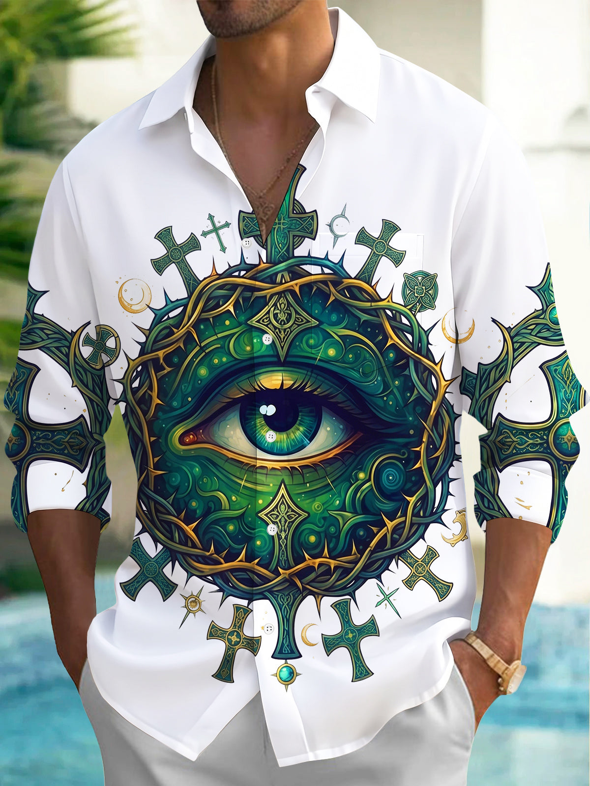Oceanlyte Men's Long Sleeve Shirt - All-seeing Eye With Thorn Crown And Crosses Print with Chest Pocket