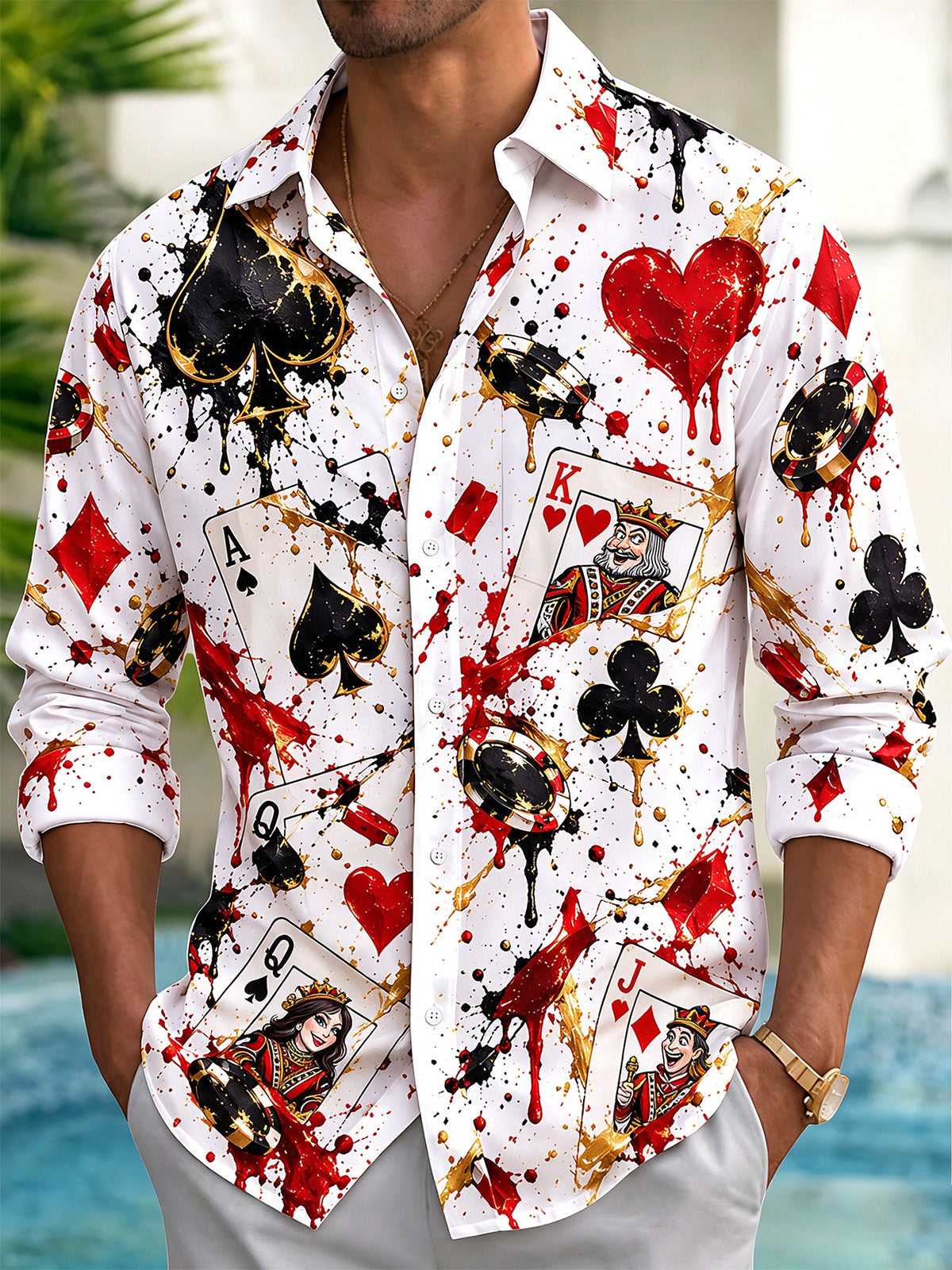 Oceanlyte Men's Printed Playing Cards And Poker Chips Print Long Sleeve Shirt with Chest Pocket