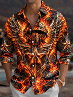 Oceanlyte Men's Long Sleeve Shirt - The "Forged in Fire" Lava And Winged Helmet With Star Shield Print with Chest Pocket