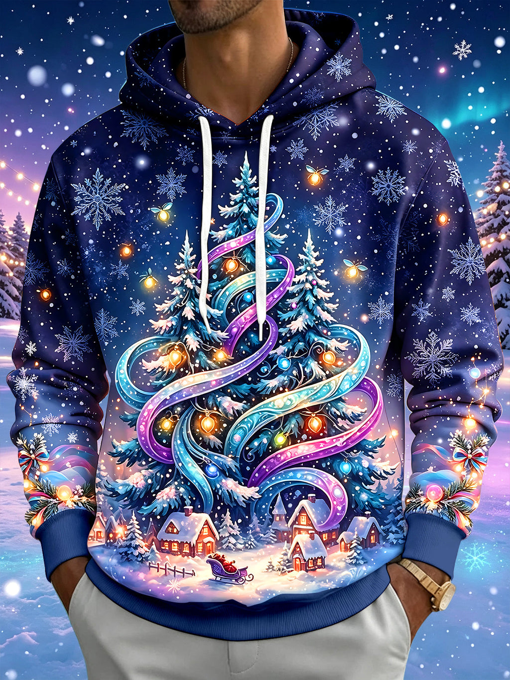 Oceanlyte Men's Christmas Tree And Winter Village Print Long Sleeve Hoodie