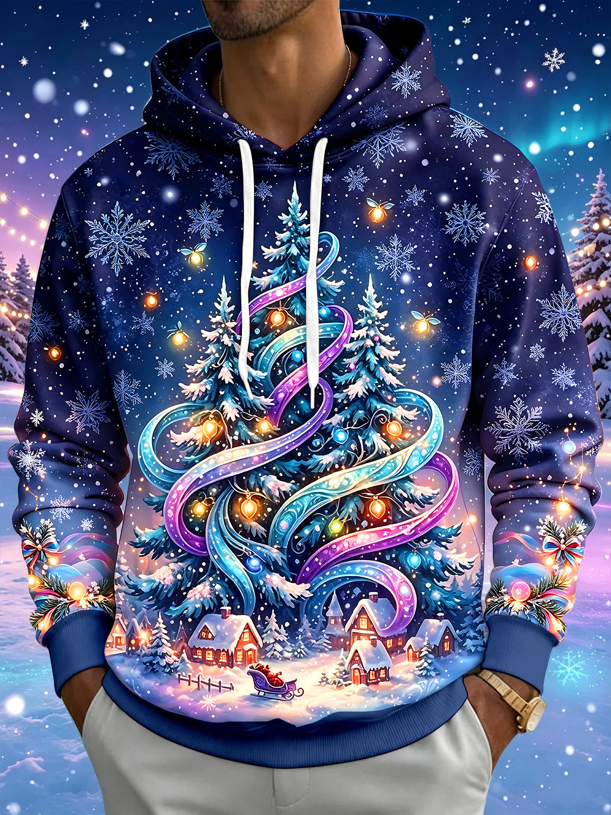Oceanlyte Men's Christmas Tree And Winter Village Print Long Sleeve Hoodie