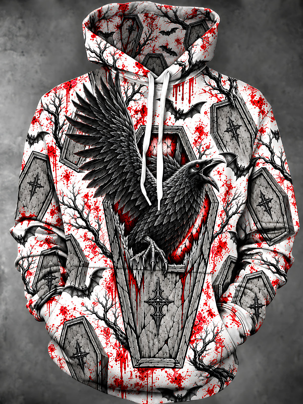 Oceanlyte Men's Graphic Halloween Crow And Coffins Print Long Sleeve Hoodie