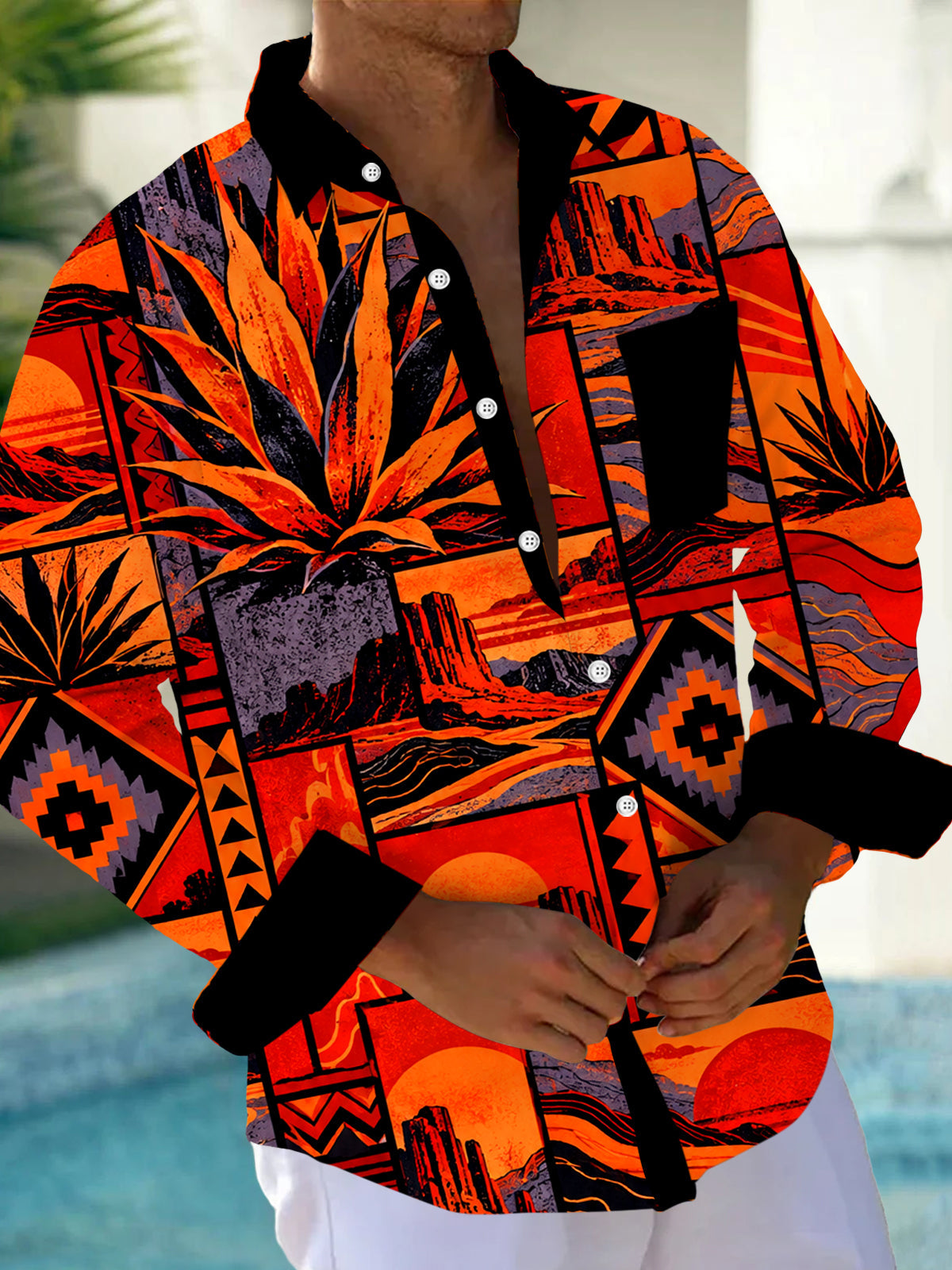 Oceanlyte Men's Desert Landscape With Agave Plants Print Long Sleeve Shirt with Chest Pocket