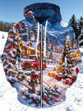 Oceanlyte Men's Long Sleeve Zip-Up Hoodie - Christmas Snow Village With Red Truck And Cardinals Print