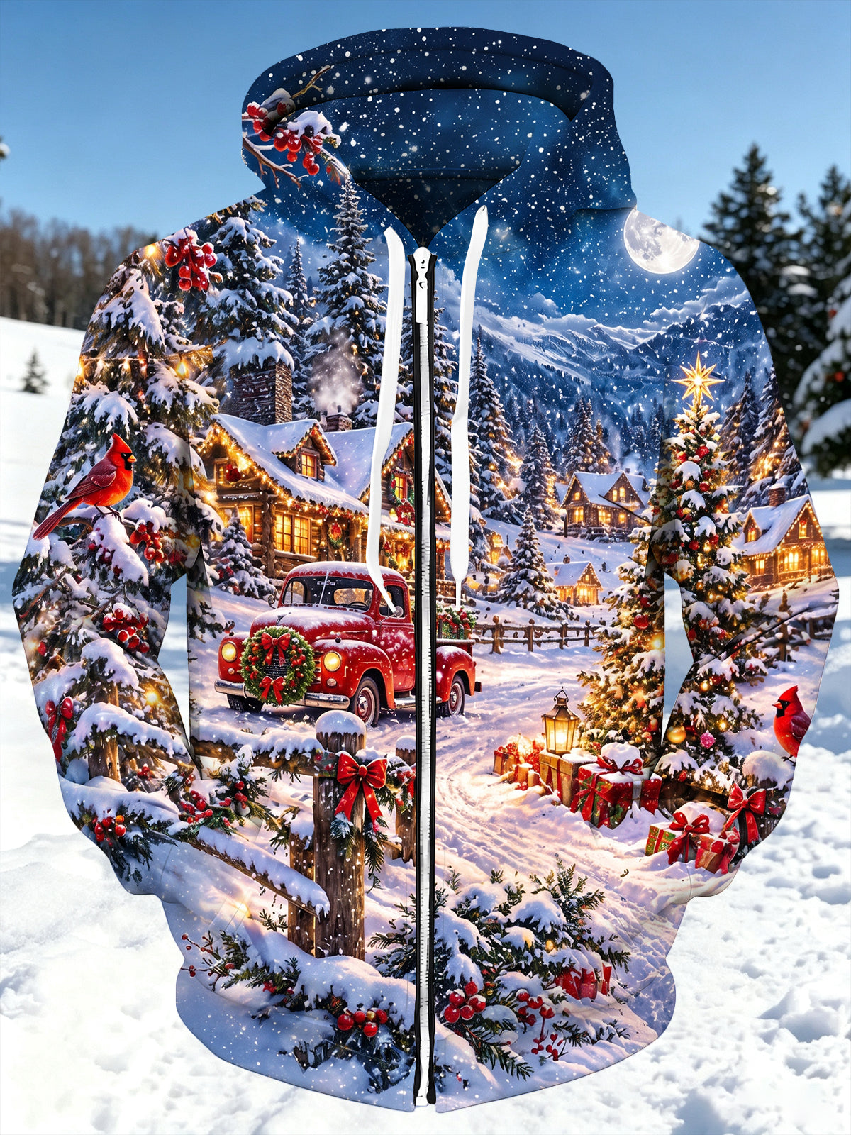 Oceanlyte Men's Long Sleeve Zip-Up Hoodie - Christmas Snow Village With Red Truck And Cardinals Print